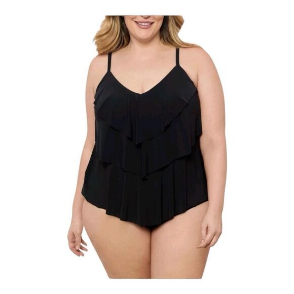 Aqua Green Black Tankini Top Plus Size 1X Adjustable Straps Swimwear Ruffle - Picture 1 of 12